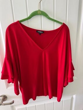 Express Bright Red V-Neck Ruffle Sleeve Tunic